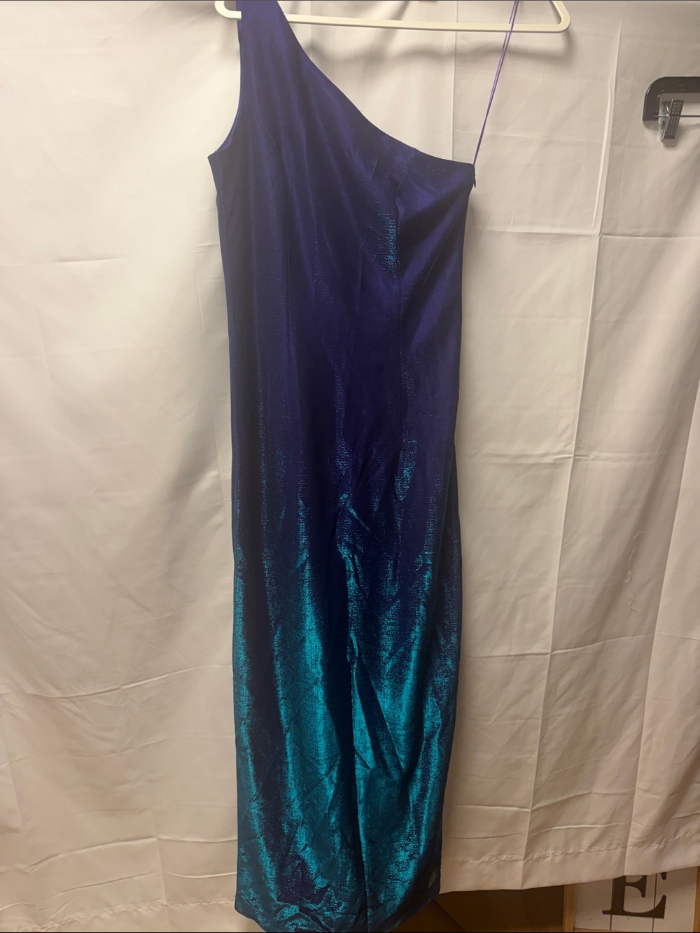 All That Jazz One-Shoulder Iridescent Navy and Teal Evening Dress